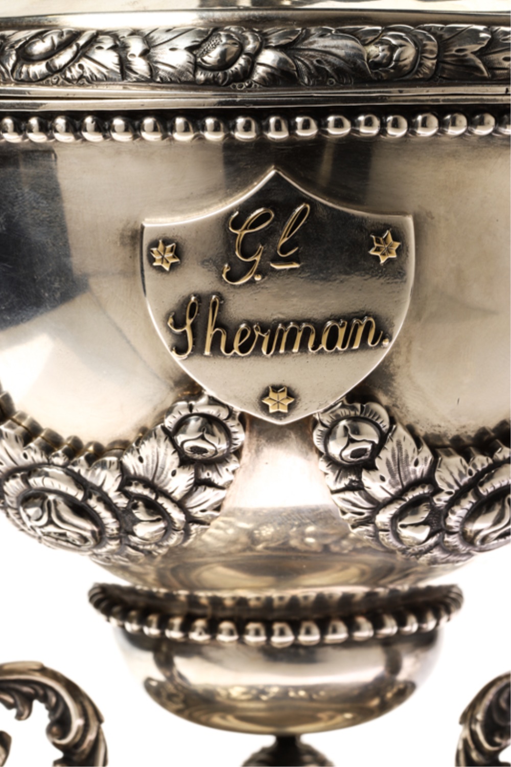 Shield Detail, Covered Historical Silver Presentation Cup, From John McInnis Auctioneers Two Day May, 2019 Estates Auction.