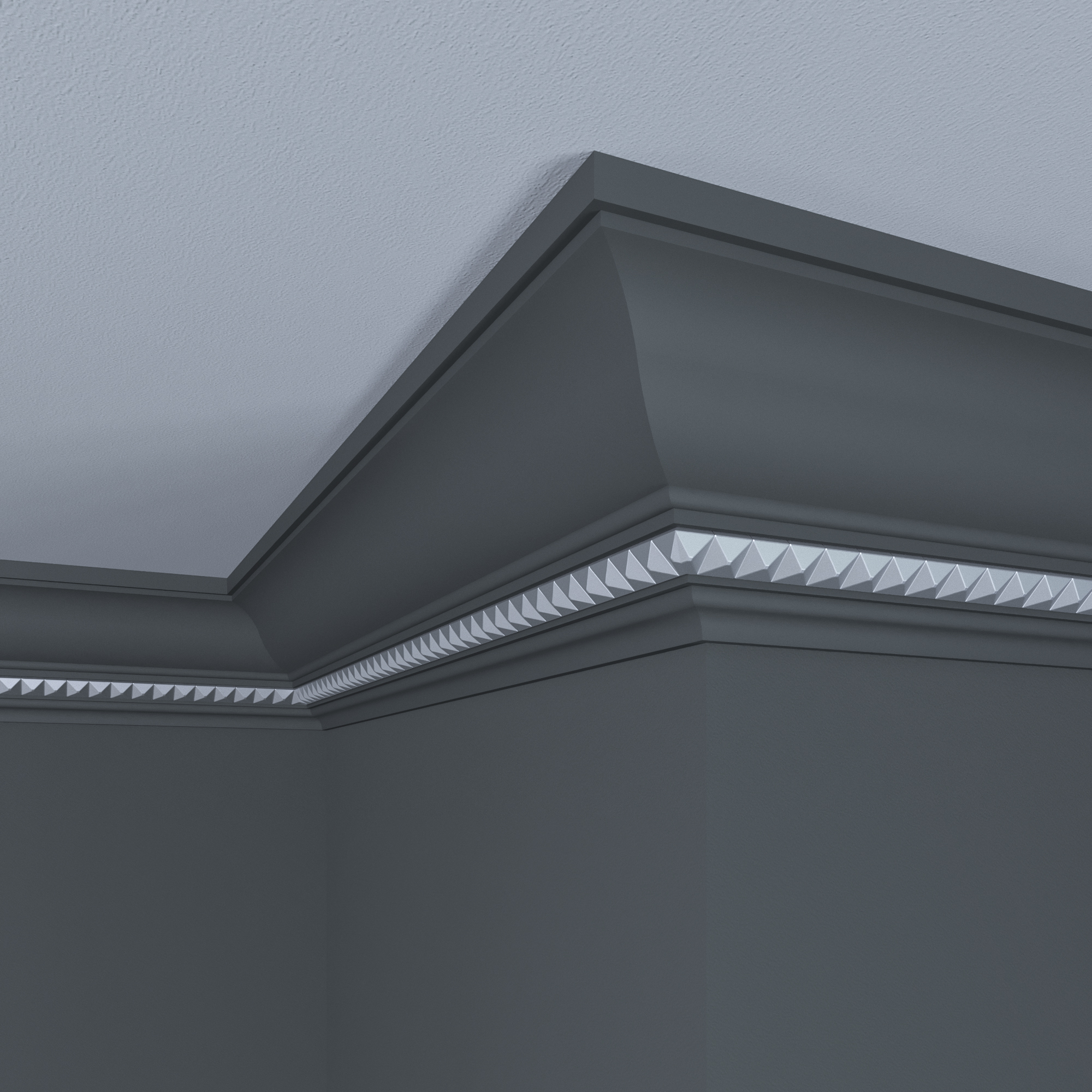 Haute 2-in-1 Moulding: Silver Pyramid on crown moulding.