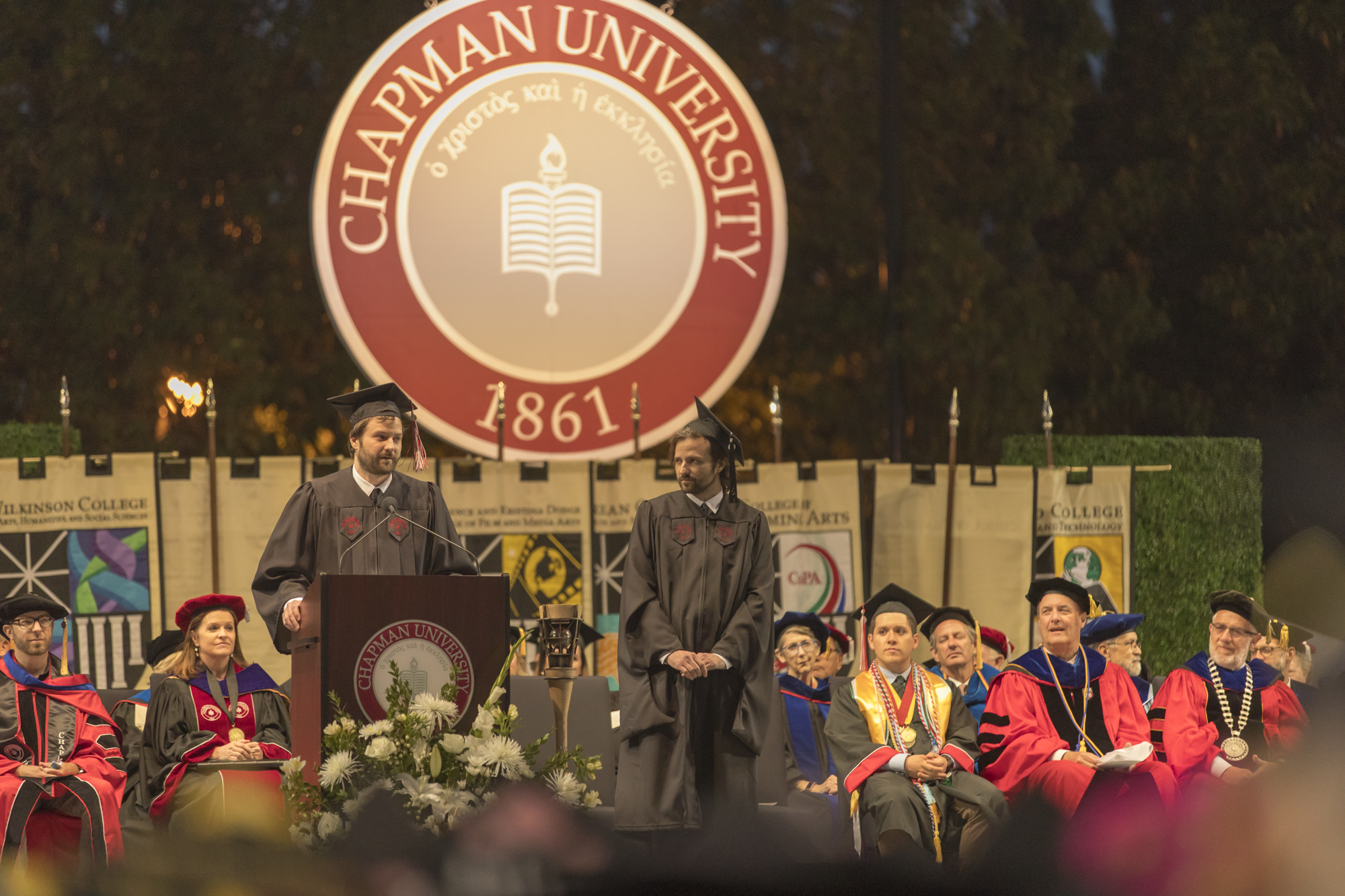 Ross (l) and Matt (r) Duffer regale the sold-out crowd of 8,000 with humorous storytelling during Chapman University’s 158th commencement weekend.