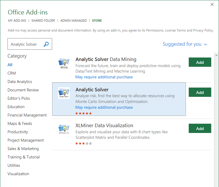 Analytic Solver in Microsoft Store