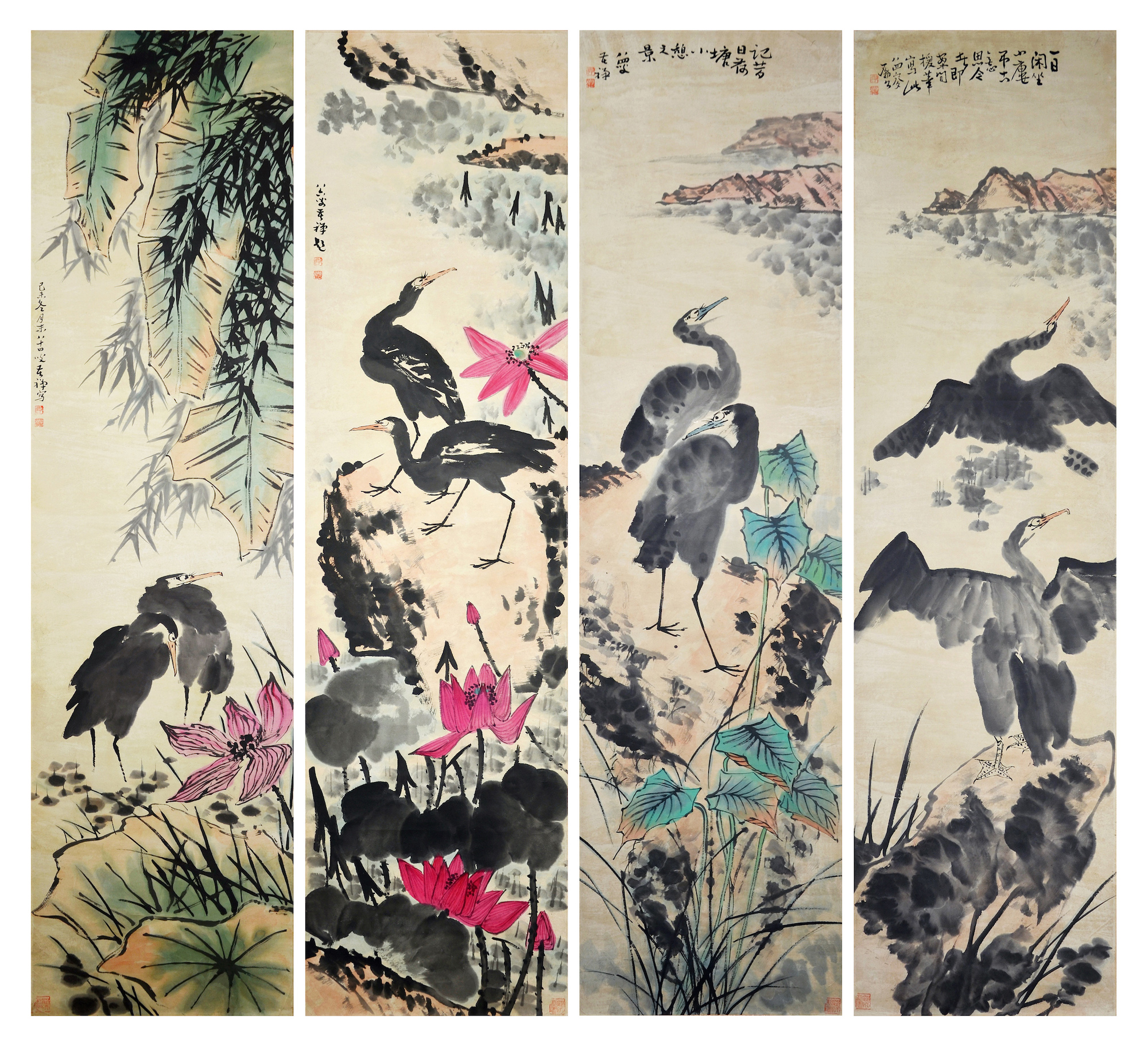 Cranes by Lu Kuchan, 4 panels. Gianguan Auctions, June 17th, 2019.