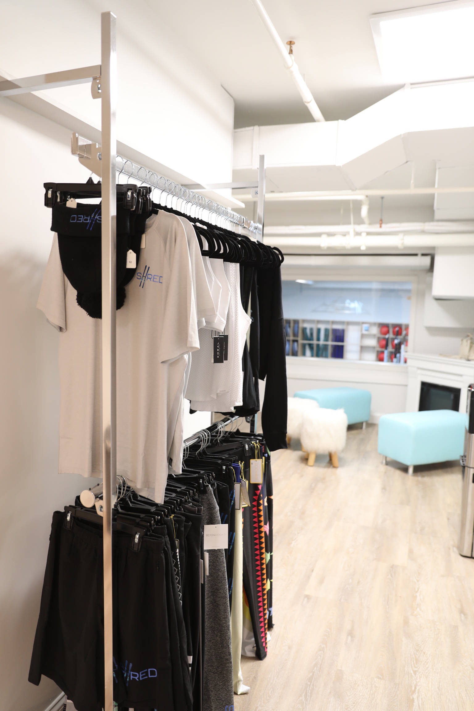 SHRED's retail shop sells workout clothes and active wear.