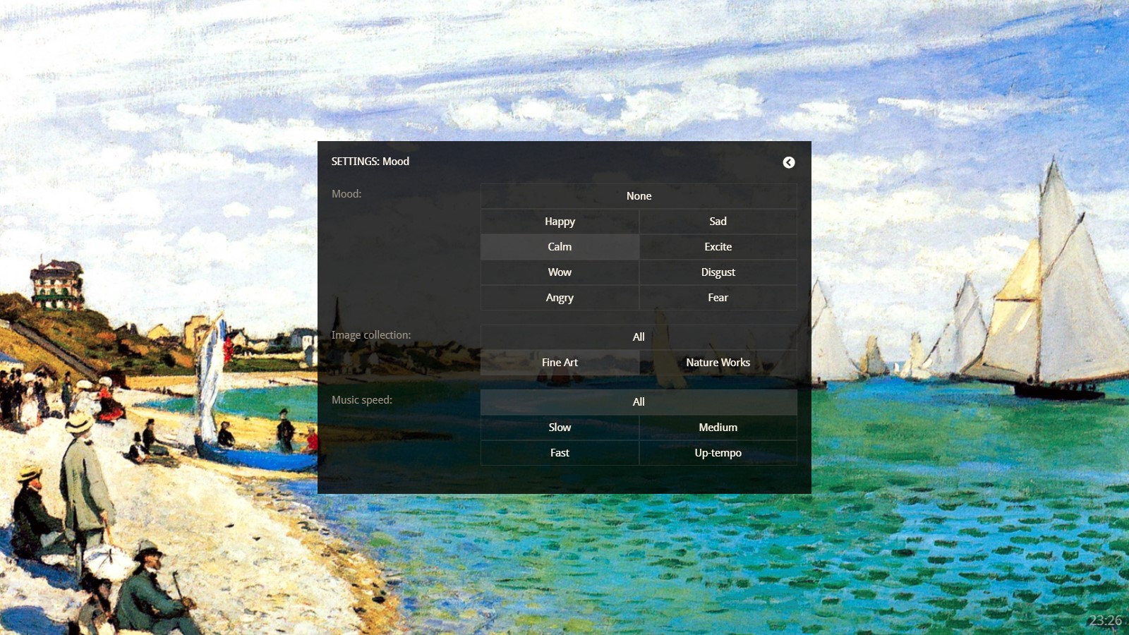 ArtPlayer screenshot displaying mood settings and calming artworks using image recognition technology