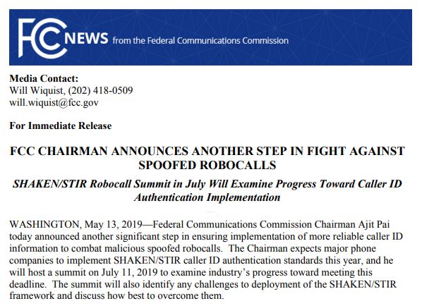 FCC Planning SHAKEN/STIR anti-Robocall Summit