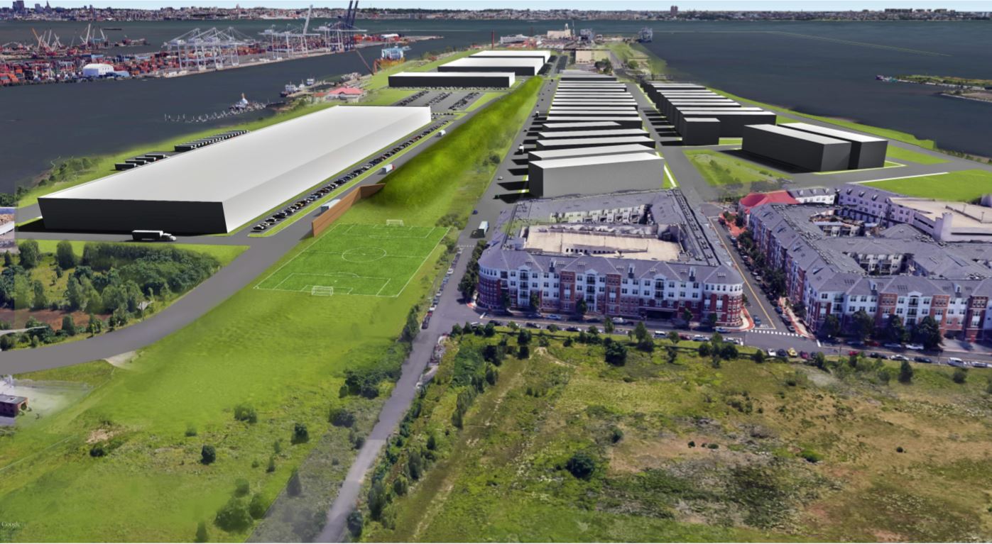 A rendering of the future logistics center at the former Military Ocean Terminal in Bayonne, N.J. Lincoln Equities group has now announced various project milestones.