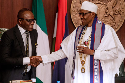 Nigerian President, Muhammadu Buhari (right) with the country's immediate past Minister of State for Petroleum,  Dr. Ibe Kachikwu.
