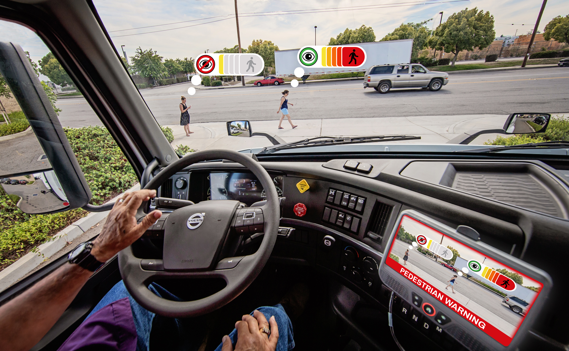 A demonstration of Perceptive Automata's AI tracking and signaling in real-time the likely intention to cross and awareness of two pedestrians near a Volvo VNR 300 heavy-duty truck model.