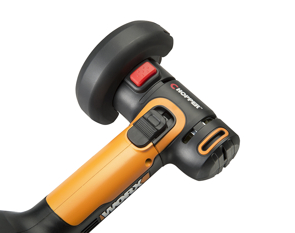 WORX 20V, Power Share, 3 in. Mini Cutter features a top-mounted, on/off slide switch with lock-on button, as well as a spindle lock button.
