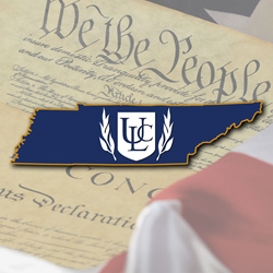 ULCM shield and laurels logo in front of an outline of the state of Tennesee and the US Constitution