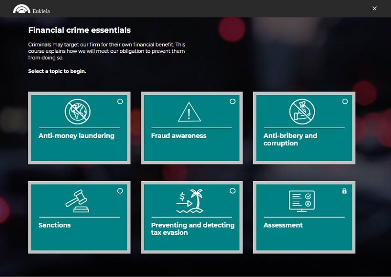 A screenshot from Eukleia’s North America-focused financial crime course, Financial Crime Essentials