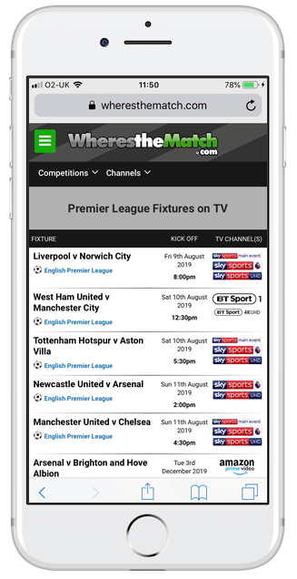 Live Football on TV Guide from WherestheMatch.com