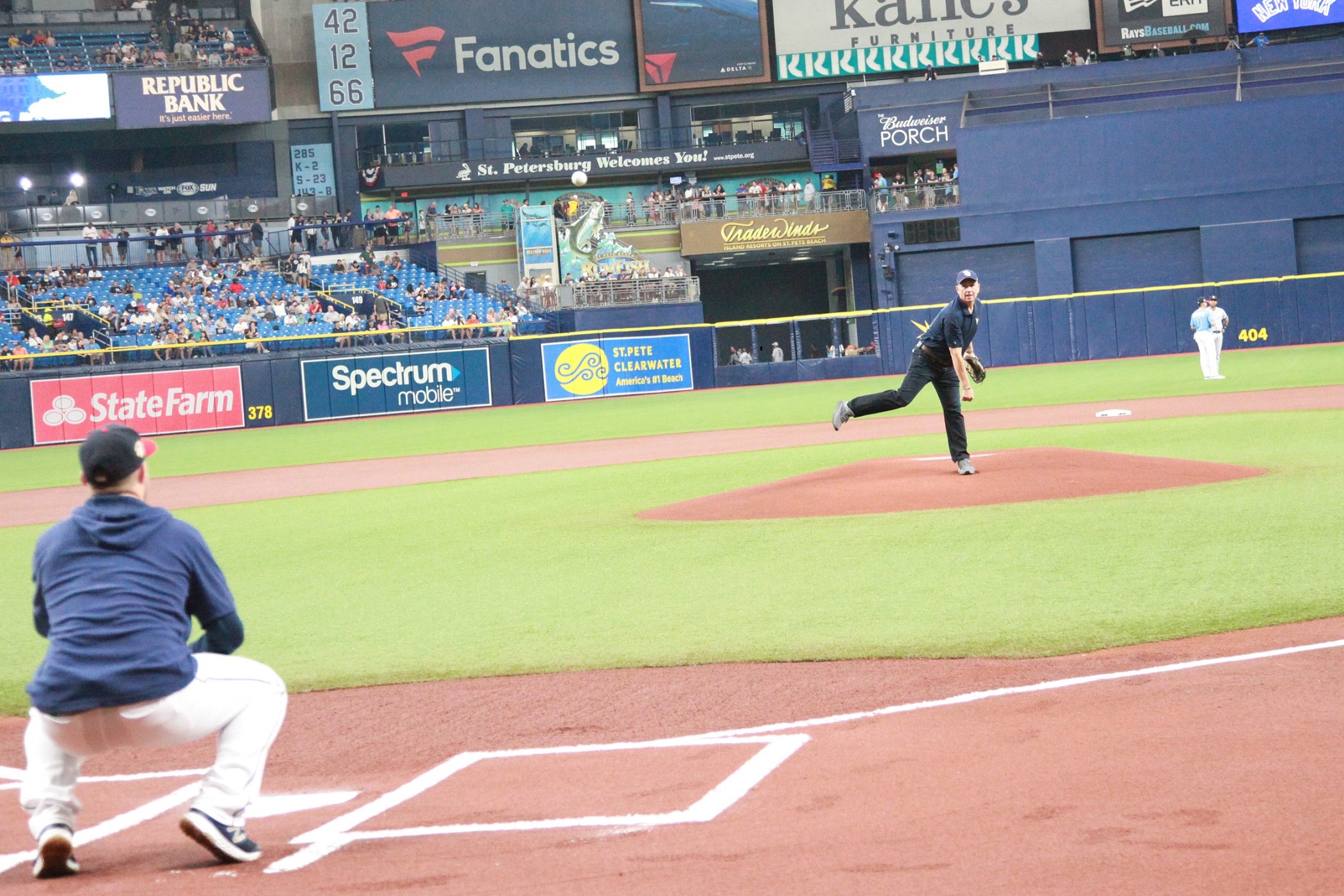 Crown Automotive Group President and COO Jim Myers throws out the Ceremonial First Pitch at the Tampa Bay Rays game on July 7, 2019.