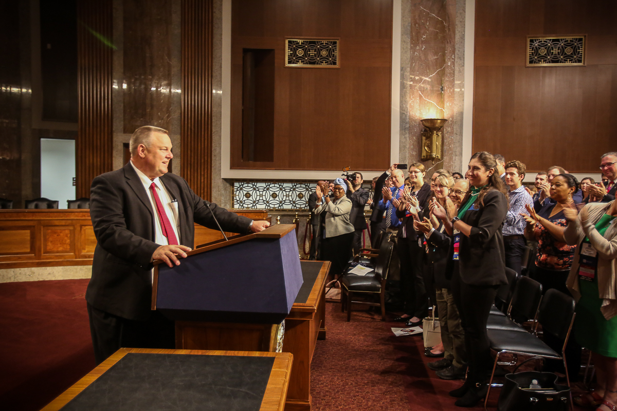 Sen. Jon Tester (D-MT) addresses NAfME state leaders during the 2019 Hill Day rally and singalong. Photo: Ashlee Wilcox Photography