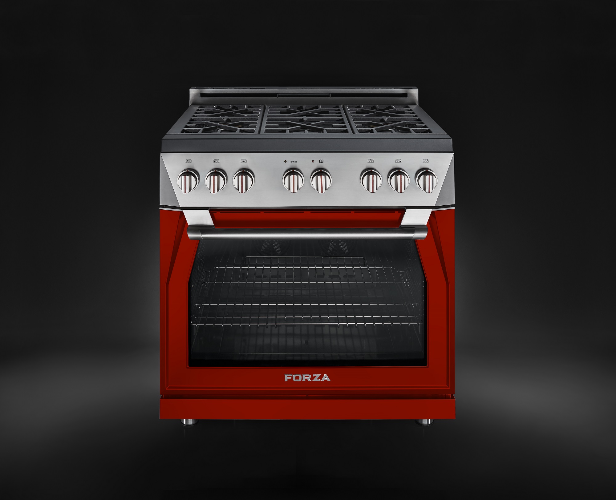 The Forza 30- and 36-inch pro-style gas ranges are offered in stainless steel or six bold color options. Shown: 36-inch gas range in red.