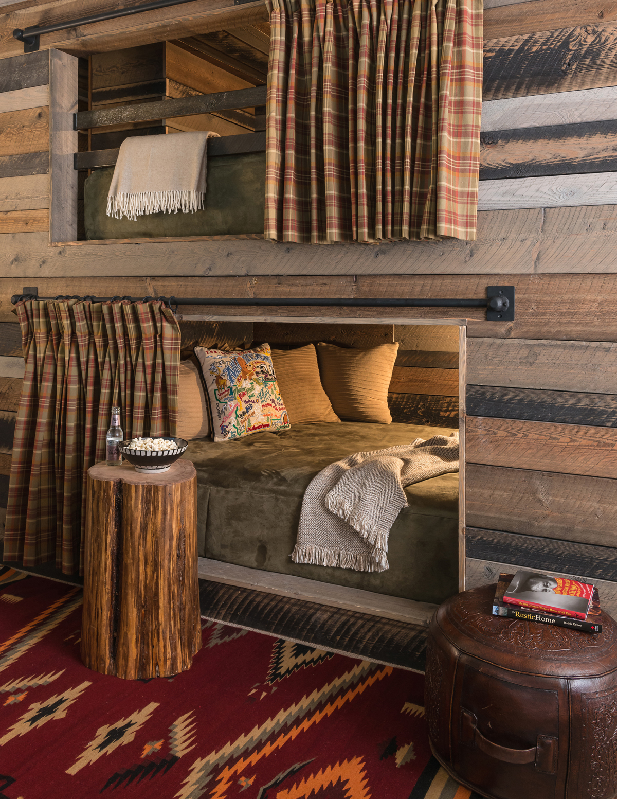 A Kibler & Kirch remodel of a family’s lakeside lodge pays homage to the bunk concept – and is informed by the natural materials and motifs that define camp-style appeal (photo by Audrey Hall).