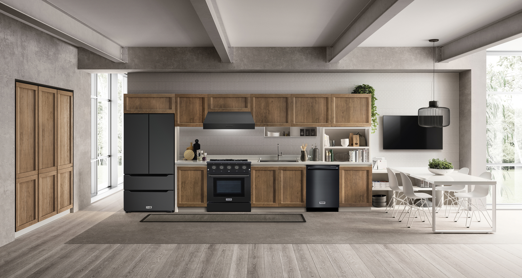 THOR Kitchen introduces a black stainless steel option for select appliances, including gas ranges, ventilation hoods, dishwashers and its new Recessed Handle Refrigerator. Shown: 30-inch suite.