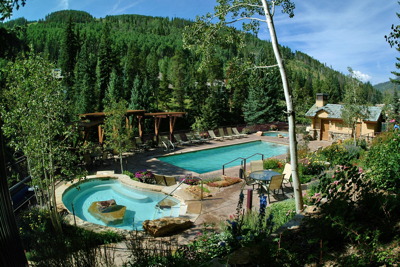 The popular Antlers at Vail “pool with a view” overlooking Gore Creek and Vail Mountain is open year-round for guests.
