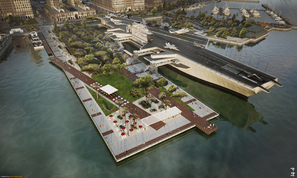 A new Navy Pier park concept replaces current acres of surface parking with opportunities to experience San Diego’s working port and “window to the bay” (image from Civitas/Studio 7G).