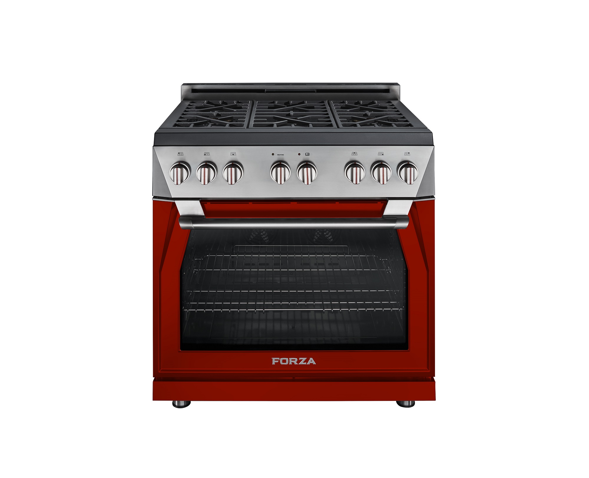 The Forza 30- and 36-inch pro-style gas ranges are offered in stainless steel or six bold color options. Shown: 36-inch gas range in red.