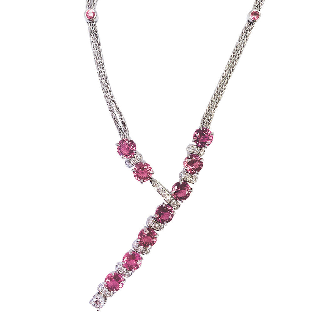 Pink Sapphire Y Necklace by Jeffrey Bilgore. 11.89 cts. pink sapphires, with diamonds, set in platinum