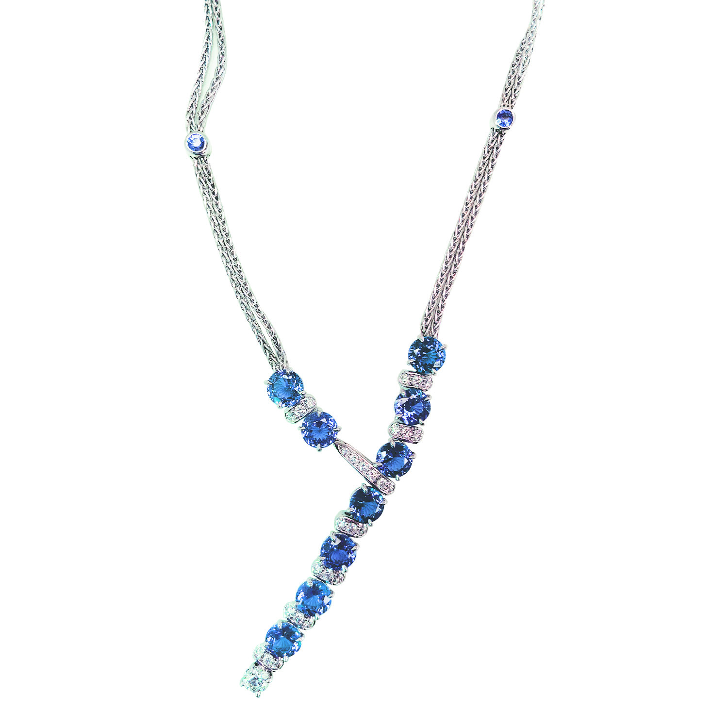 Blue Sapphire Y Necklace by Jeffrey Bilgore. 12.44 cts. blue sapphires, with diamonds, set in platinum