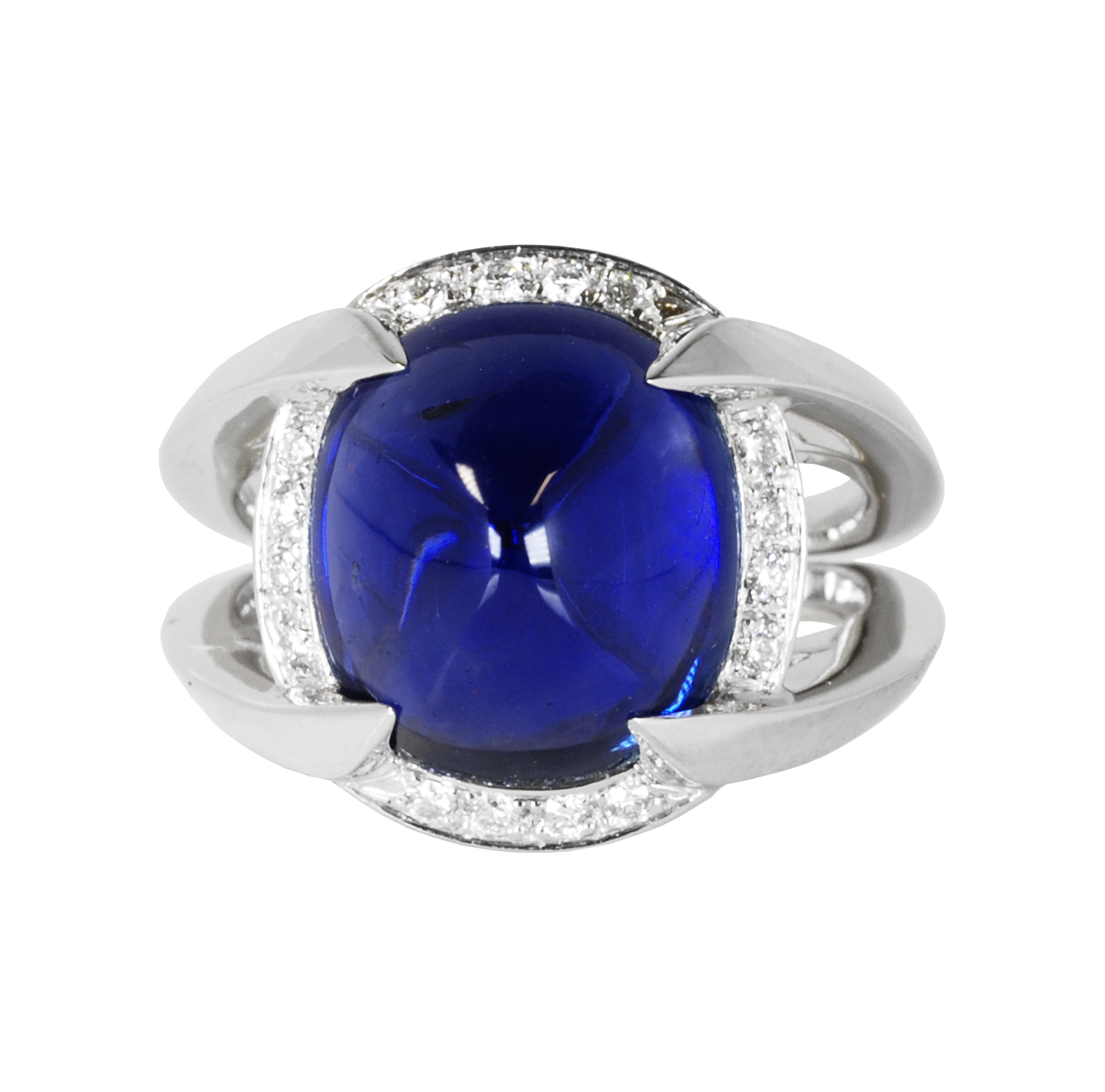 Sapphire Ring by Jeffrey Bilgore. 9.30 ct. unheated Burmese sugarloaf sapphire, with diamonds, set in platinum.
