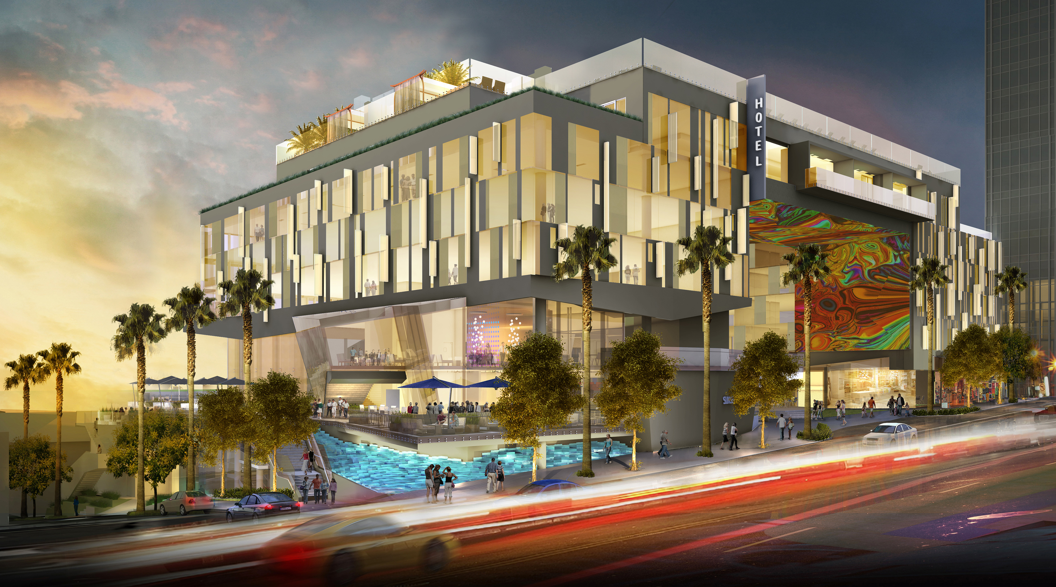 Proposed luxury hotel design by three, Sunset Boulevard, West Hollywood, California
