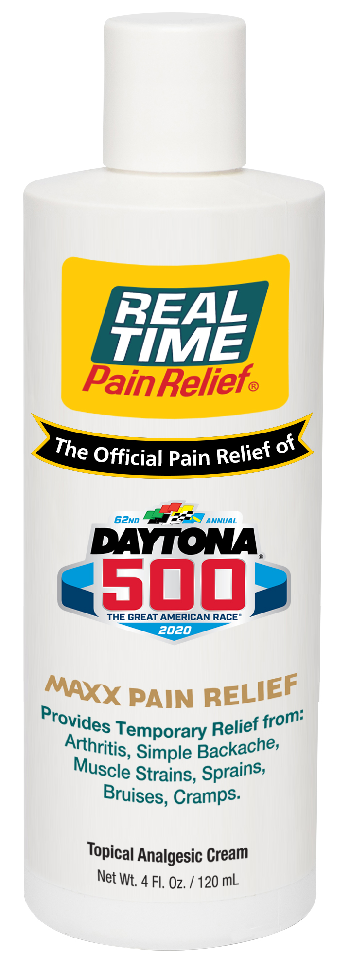 The DAYTONA 500 and the Daytona International Speedway logos will be featured on the front of their respective limited edition 4 oz bottles of Real Time Pain Relief’s MAXX Pain Relief Cream.