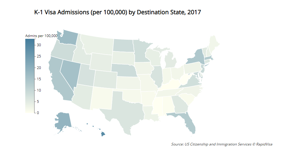 K-1 Visa Admissions (per 100,000) by Destination State, 2017