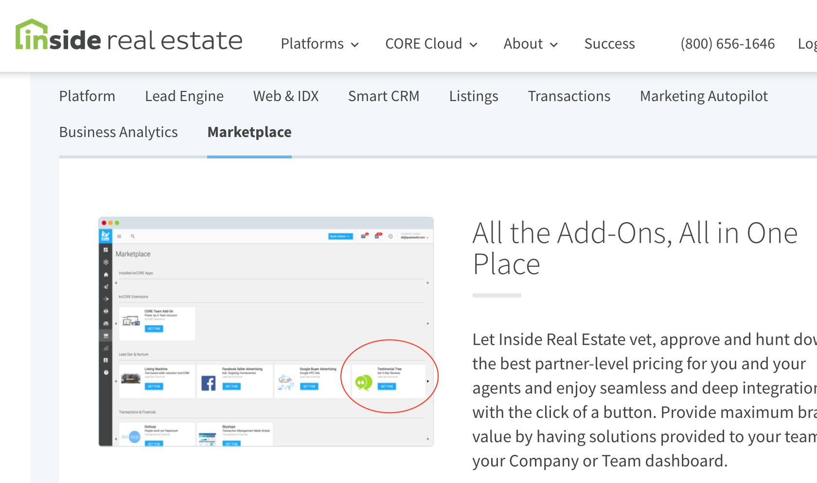 Screen shot of Testimonial Tree software integration now available via kvCORE Platform Marketplace