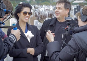 Pussy Riot founder Nadezhda Tolokonnikova and filmmaker Kevin Booth being interviewed in Sofia