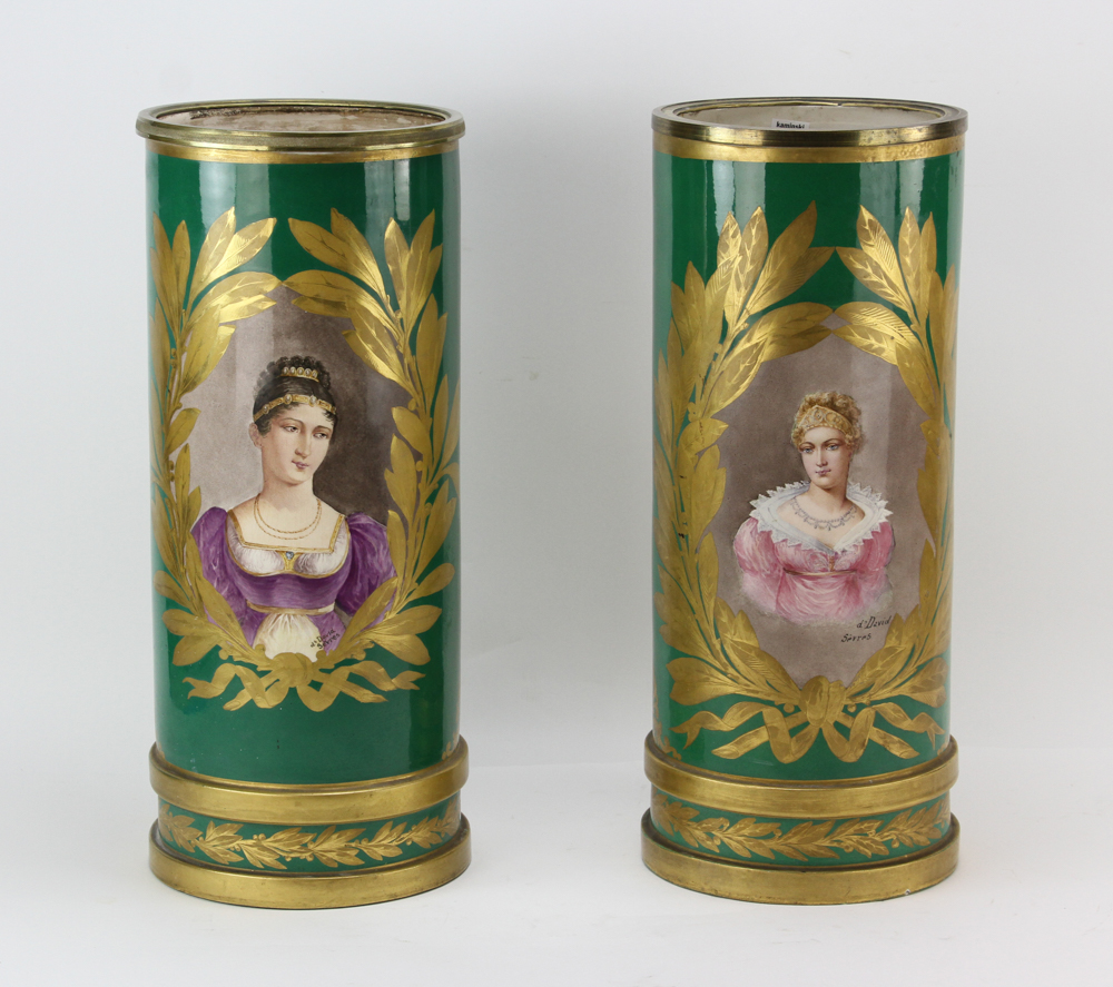 Pair of mid 19th century French Napoleon II Sevres porcelain urns, having hand-painted portraits of young women, signed 'de David'