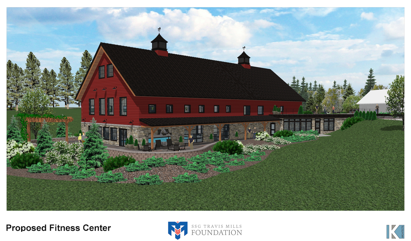 A rendering of the exterior of the Health and Wellness Center, a new addition to the Travis Mills Retreat