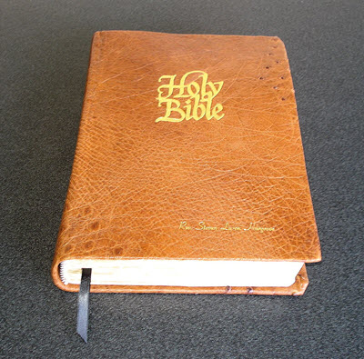Family Bible rebound with real ostrich leather and gold foil stamping