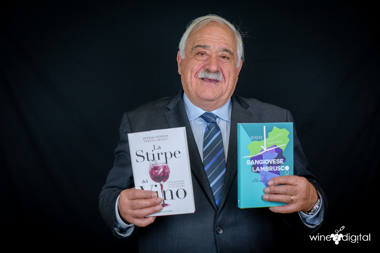 Co-author Attilio Scienza holds the Italian version La Stirpe del Vino and its English translation Sangiovese, Lambrusco, and Other Vine Stories.