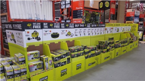 Peachtree Packaging & Display designs adaptable train point-of-purchase (POP) display for Ryobi Days BOGO sale.