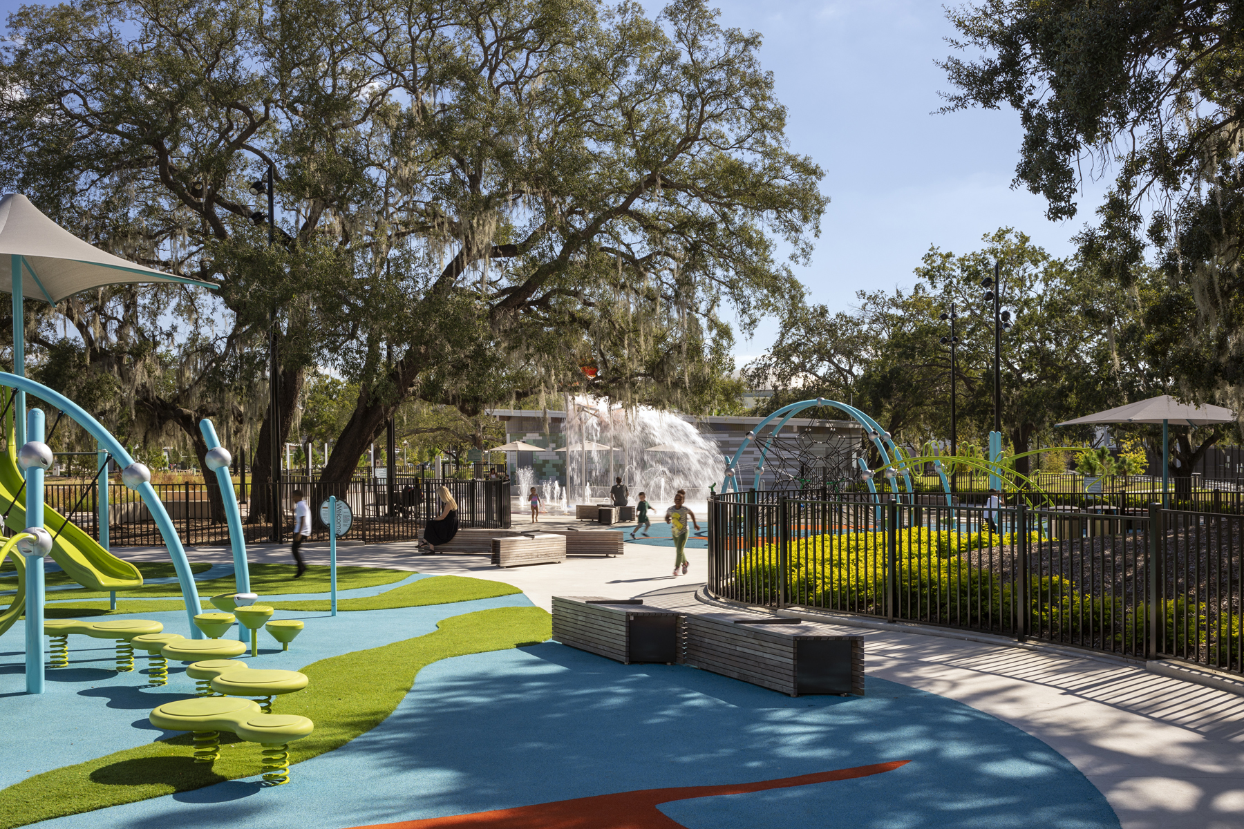 A children’s play area with splash pad, local art, native plantings and plenty of seating invite engagement with Civitas’ award-winning Julian B. Lane Riverfront Park.