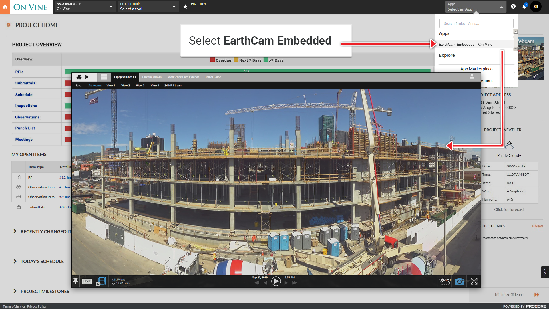 The new EarthCam-infused Procore experience makes it easy for users to add the app to any of their projects, extending the capabilities for sharing jobsite content, all within Procore.