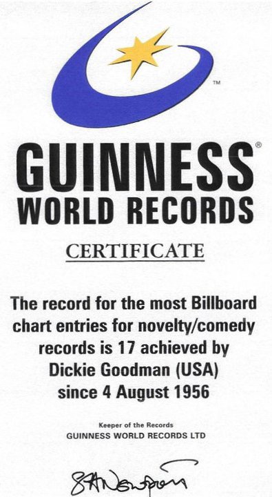Dickie Goodman holds the Guinness World Record for the most Billboard charted comedy hits (17)
