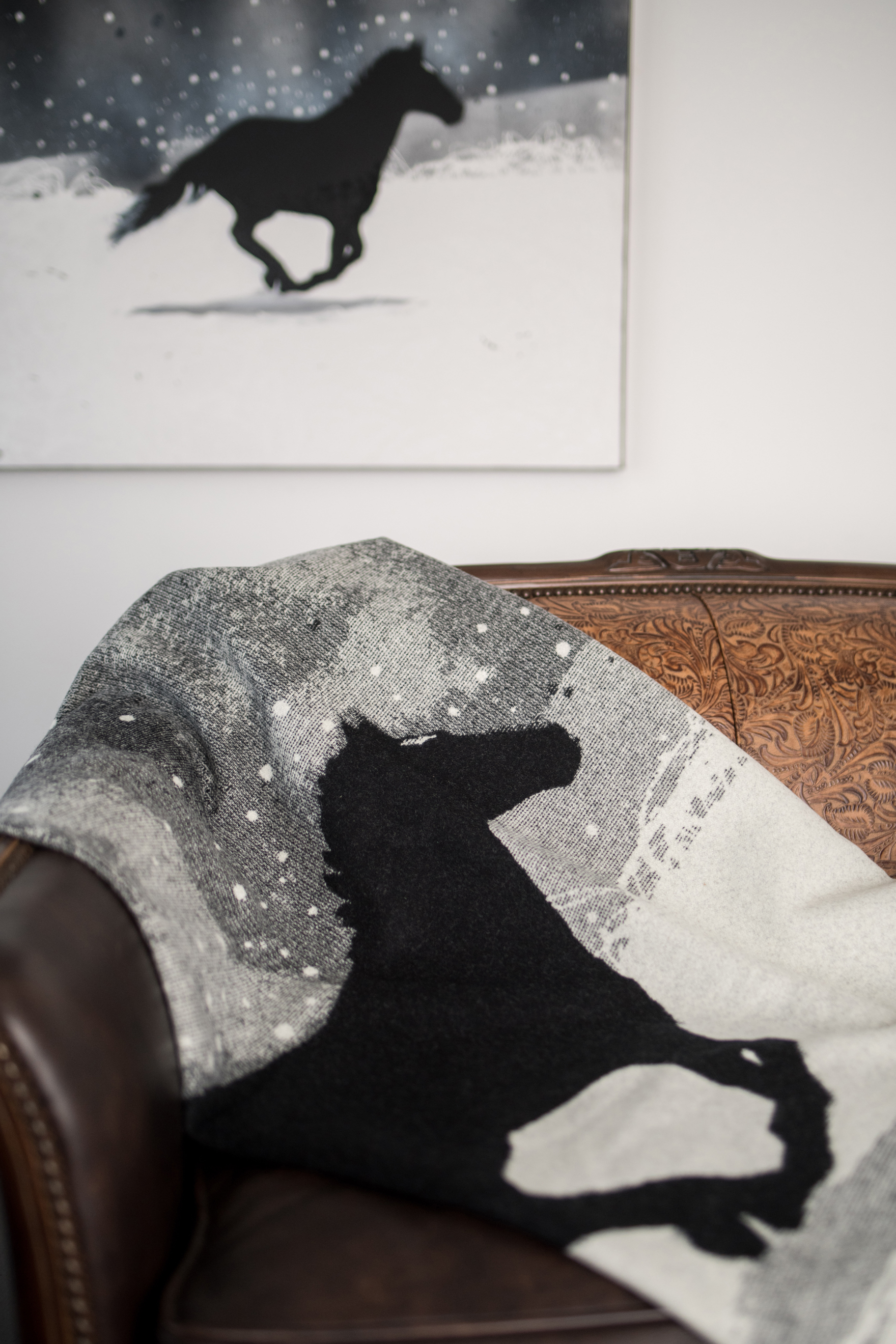 Rendered in black, white and gray virgin wool by Pendleton, the Judd Thompson painting “A Horse Called Paint” is the latest blanket in the historic woolen mill’s Artist Collection.