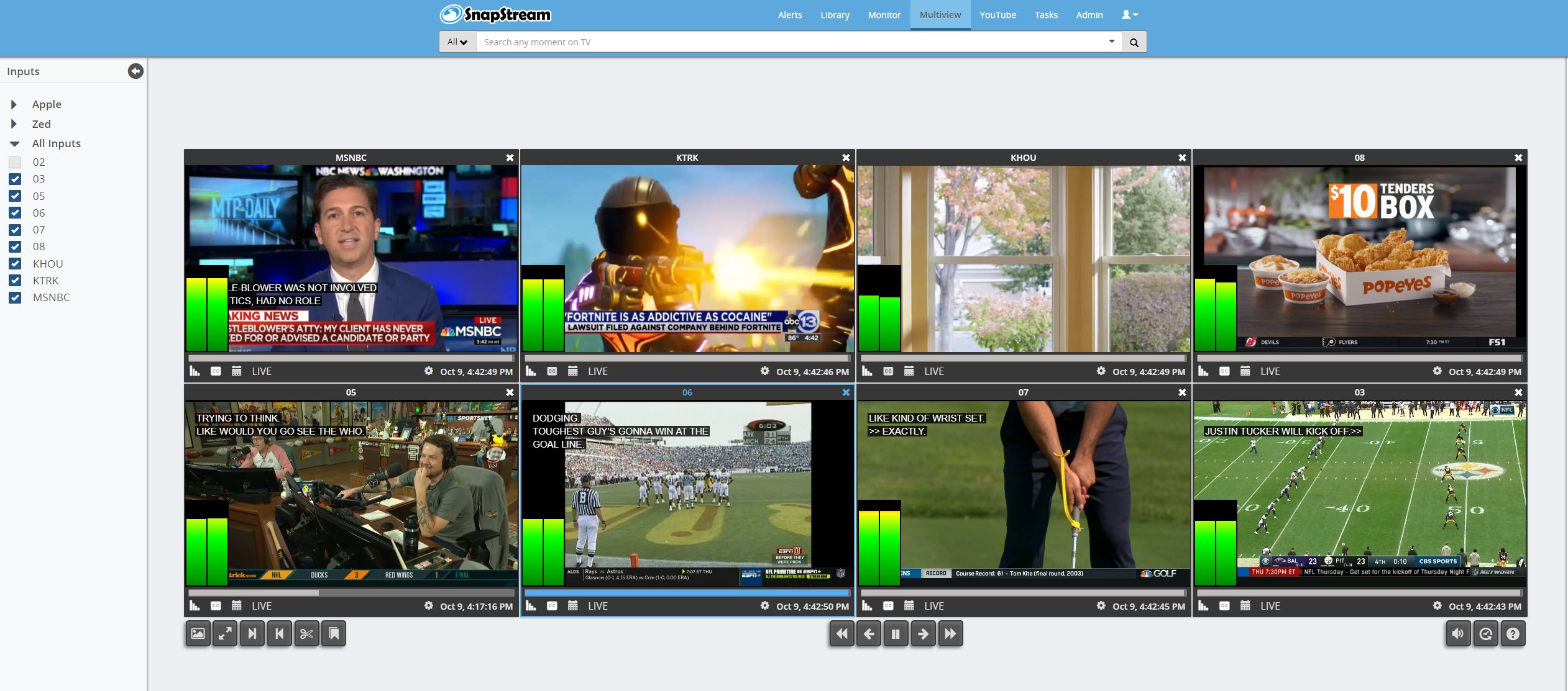 SnapStream Monitoring and Compliance's Multiviewer.