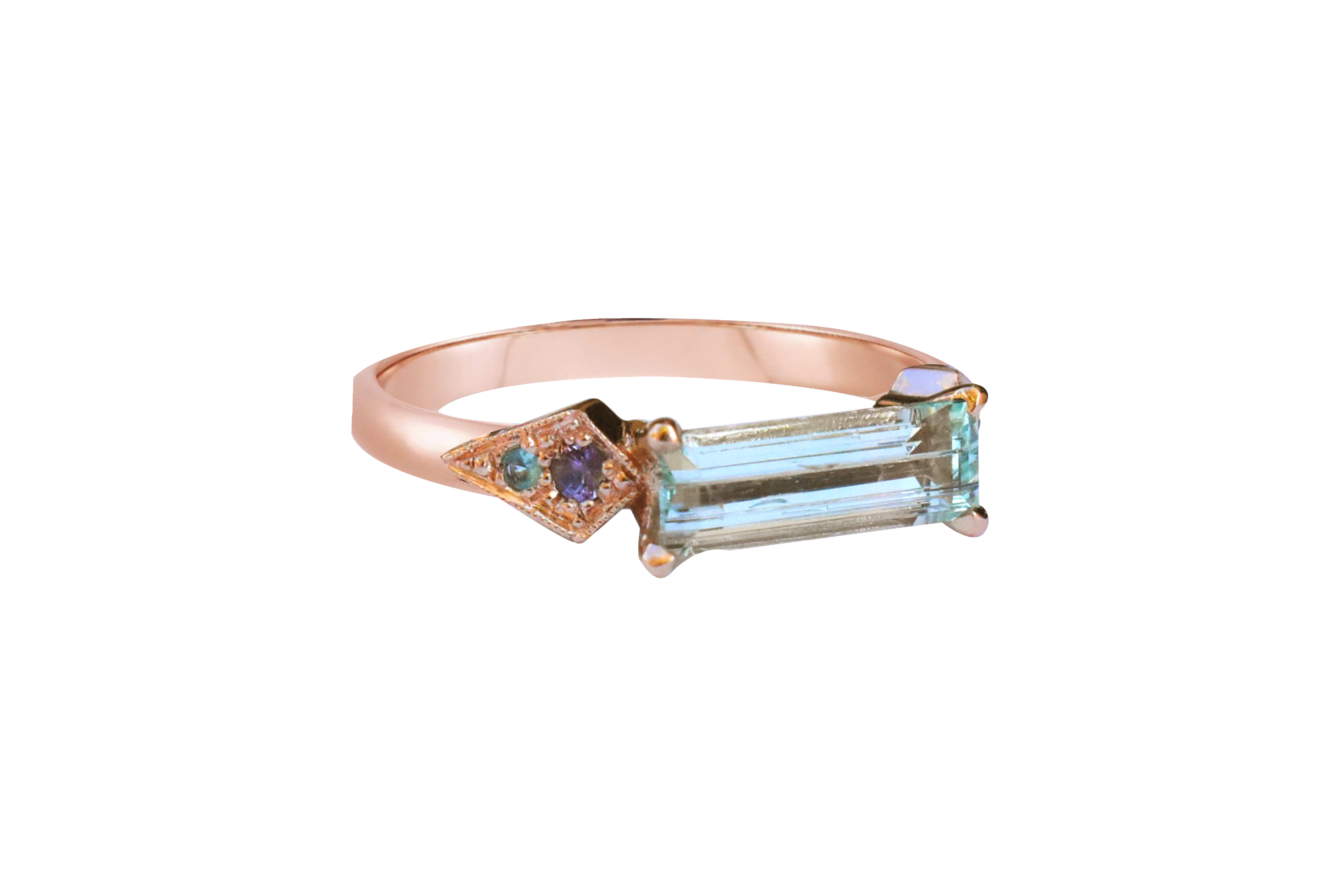 Arya Ring by Cecile Raley Designs. Featuring aquamarine, sapphire and paraiba tourmaline, 14K rose gold