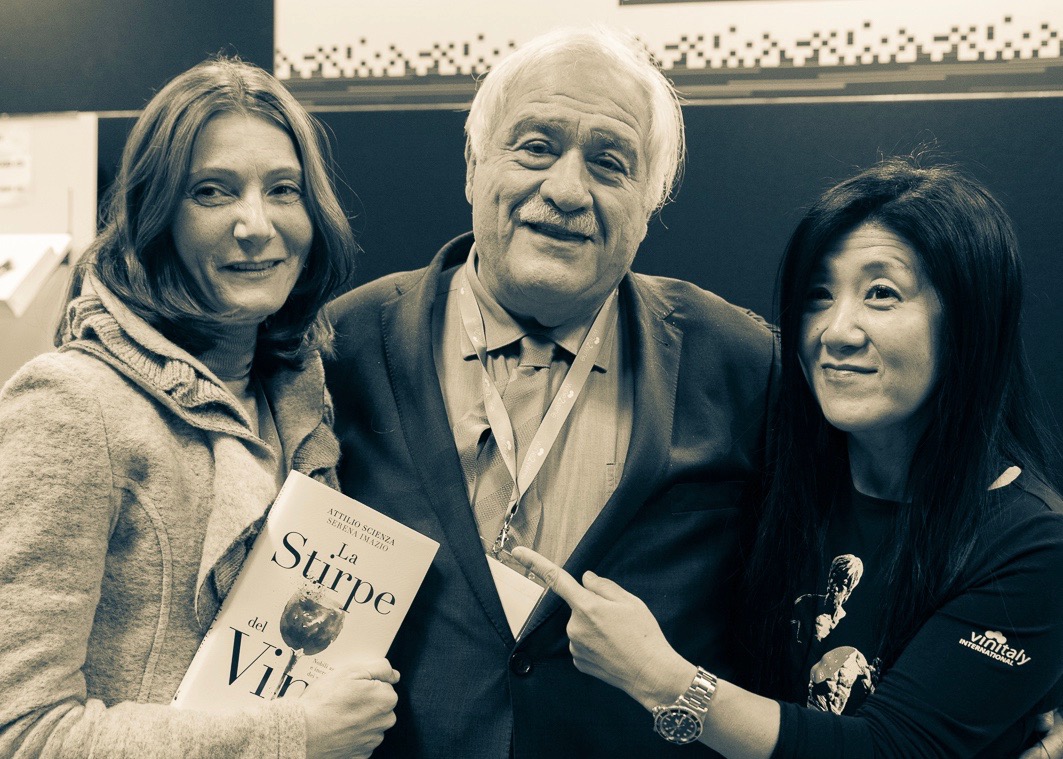 Authors Imazio (left) and Scienza (center) with Stevie Kim (Vinitaly International) in 2018 during the presentation of La Stirpe del Vino, now finally available in English.