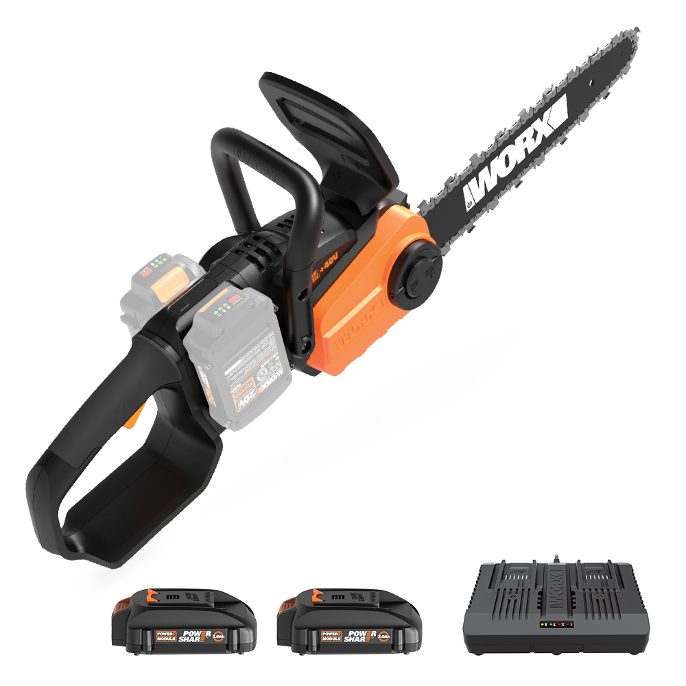 WORX 40V, 14 in. Chainsaw is powered by two 20V, MAX Lithium batteries and includes a 20V, dual-port charger.