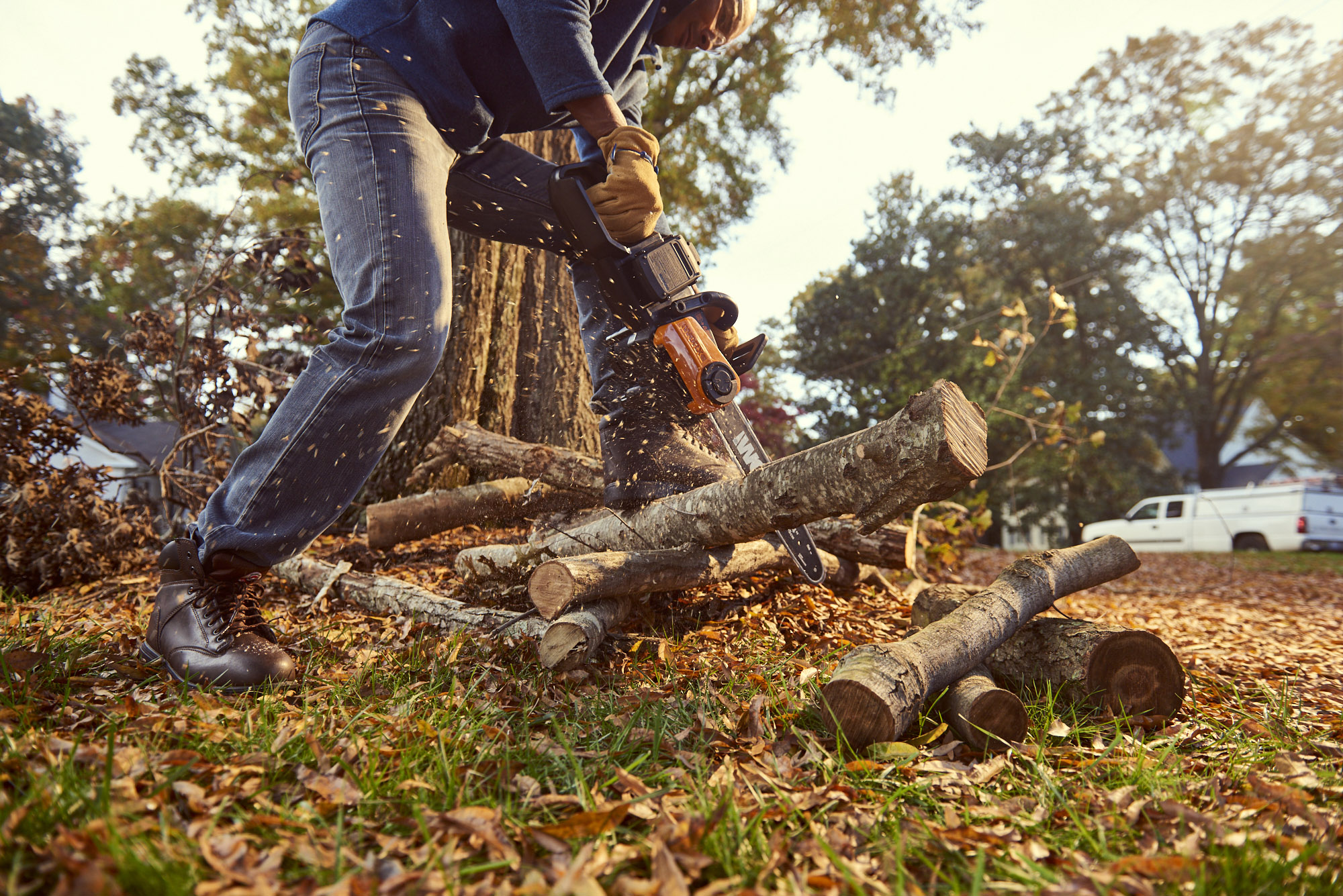 WORX 40V, 14 in. Chainsaw makes short work of yard cleanup chores.