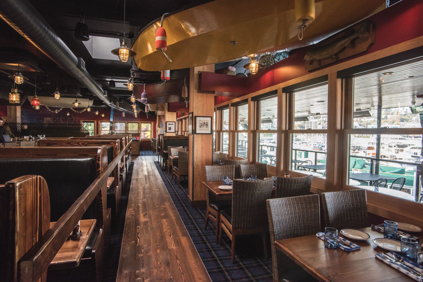 Inside view of Duke's Seafood with its upscale fishing resort interior