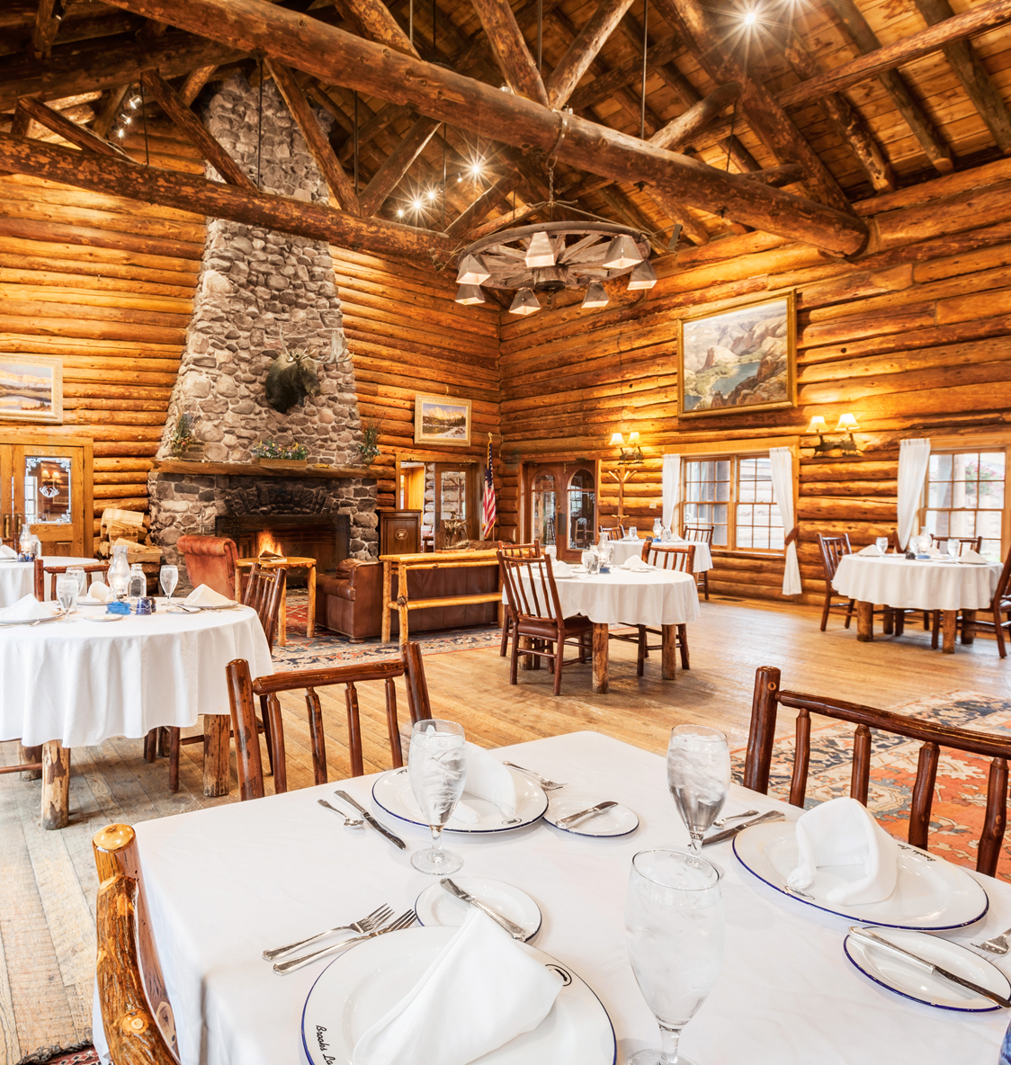 The historic Dining Hall is the gathering place for the all-included gourmet meals prepared by Brooks Lake Lodge’s Executive Chef Whitney Hall.