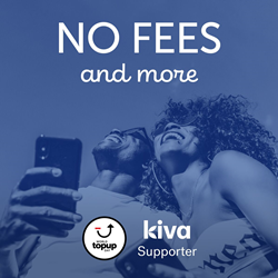 World Top up Day logo, Kiva logo, happy people, no fees,