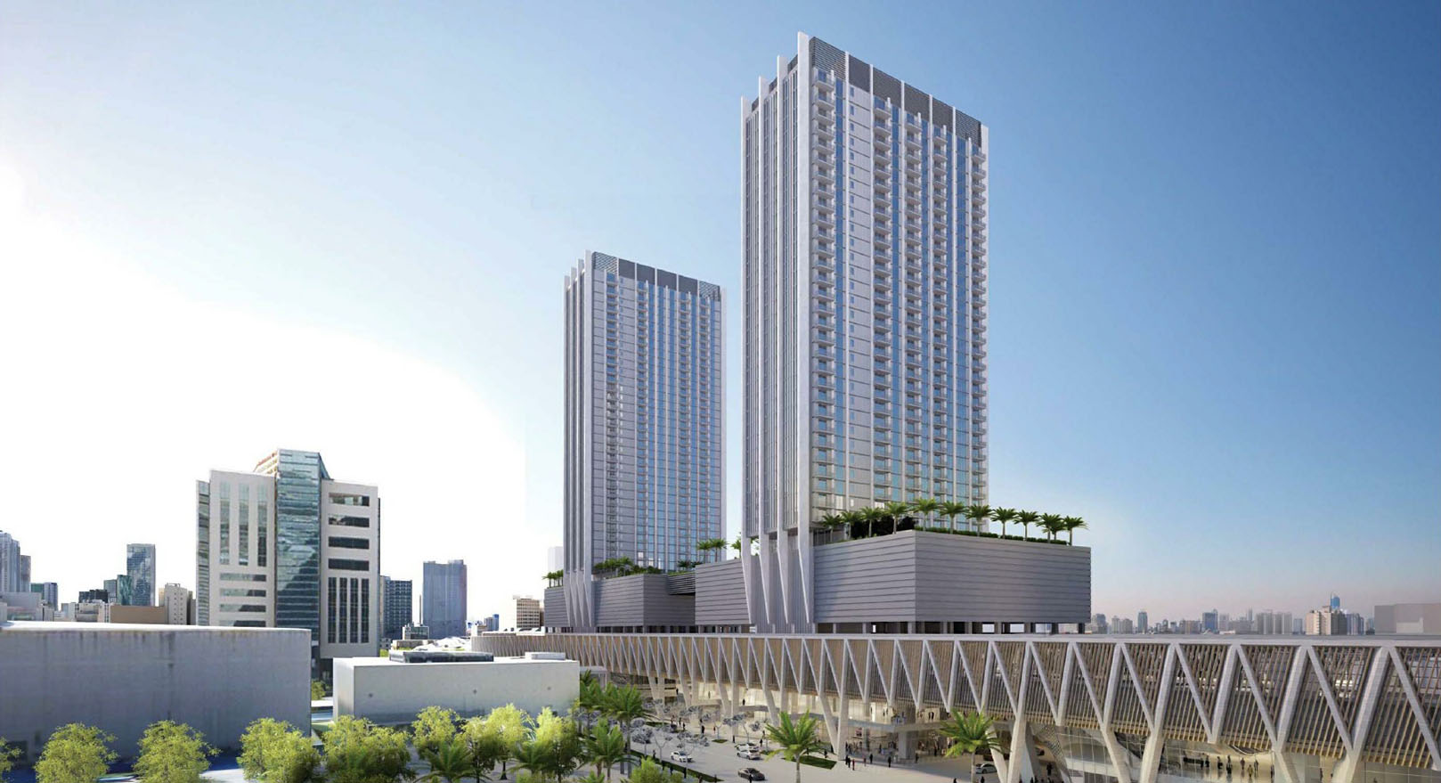 Colossal Miami development: The Parkline Towers at MiamiCentral integrates two residential towers, 30 and 33-floors tall, with 816 apartment units, the Central Fare food hall and a major transit hub.