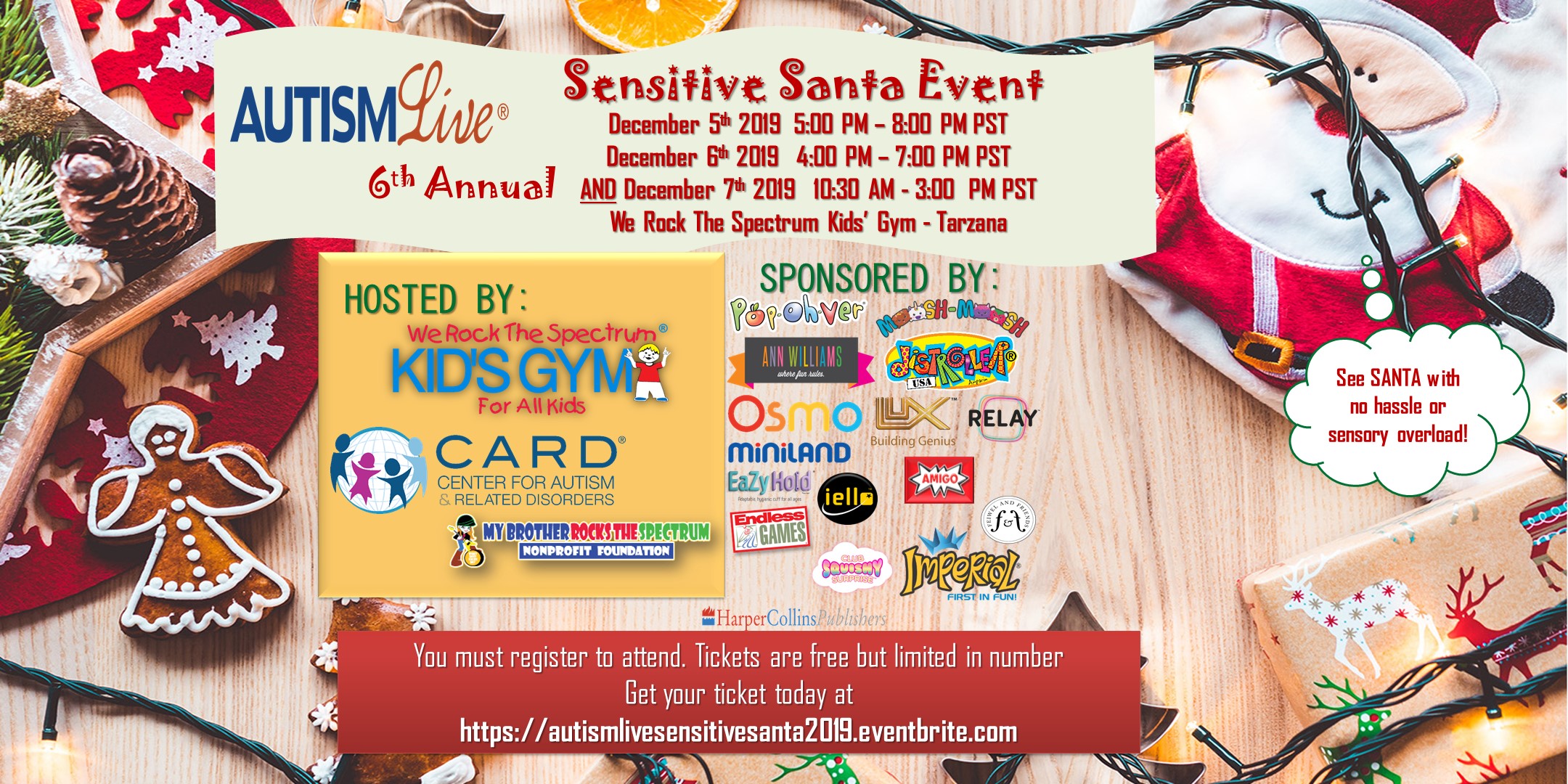 Event flyer for the Center for Autism and Related Disorders (CARD) Sensitive Santa 2019 at We Rock The Spectrum Kids' Gym in Tarzana, California.